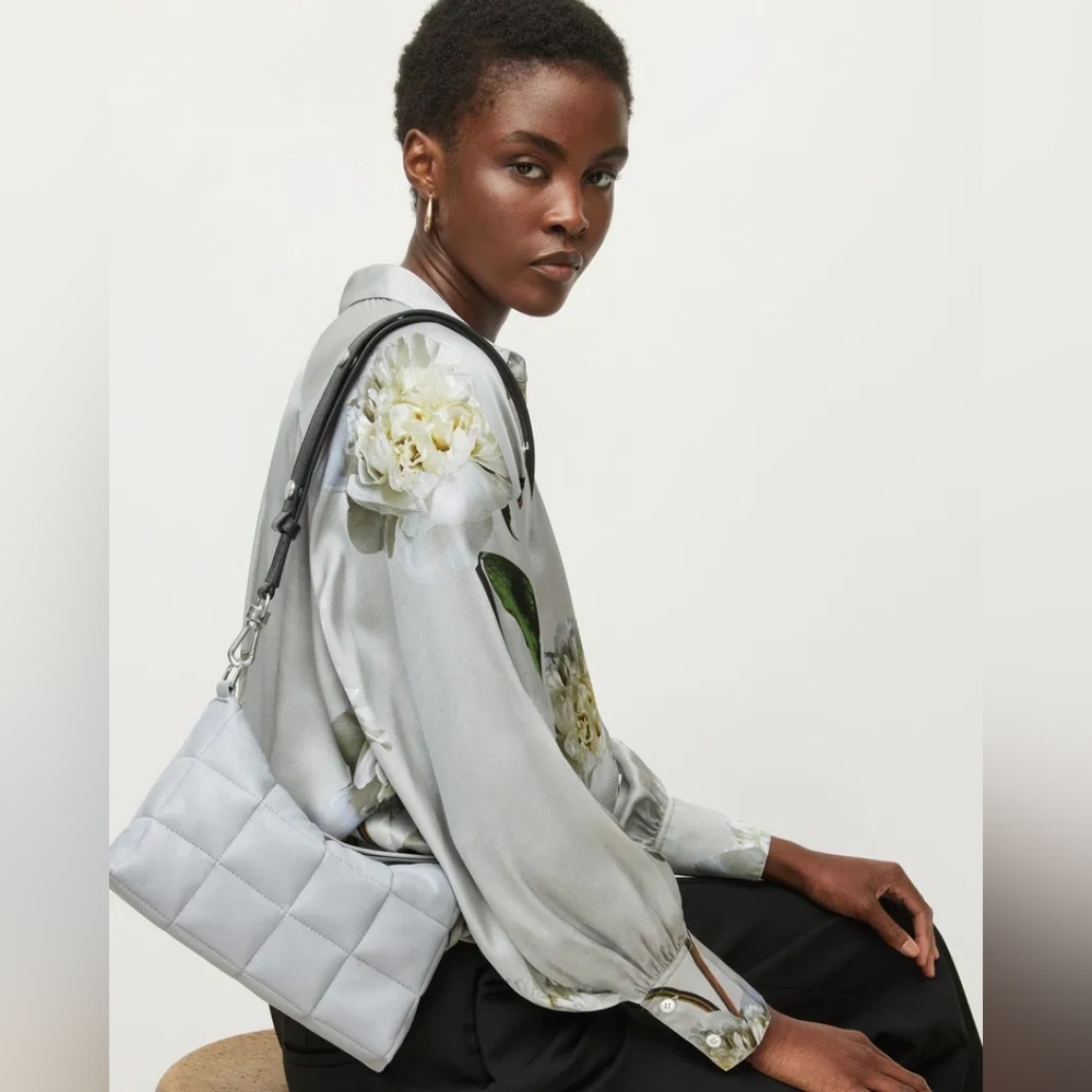 AllSaints Eve Quilted Crossbody Bag in Cement Grey - Picture 3 of 5